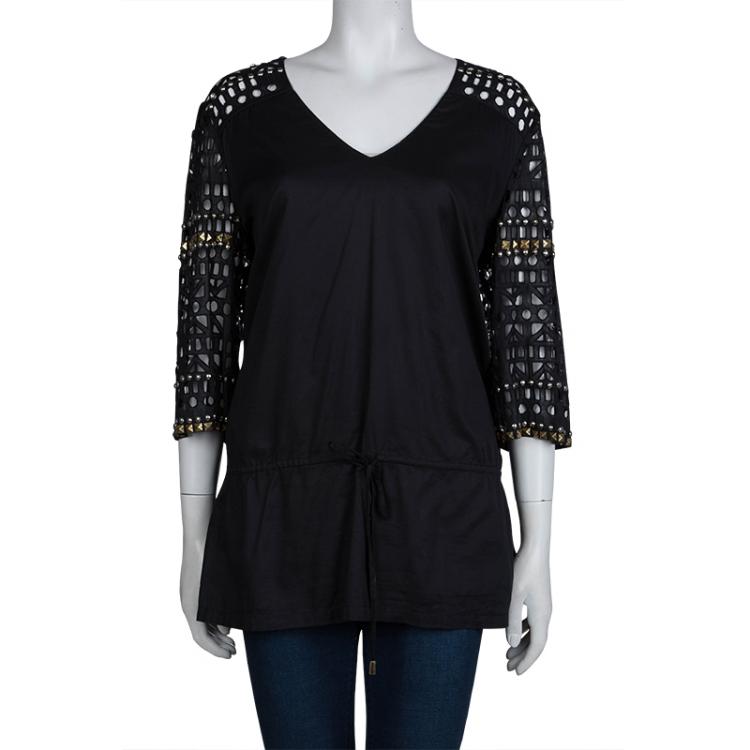 Pre Owned Tory Burch Black Cutwork Detail Studded Cotton Tunic L
