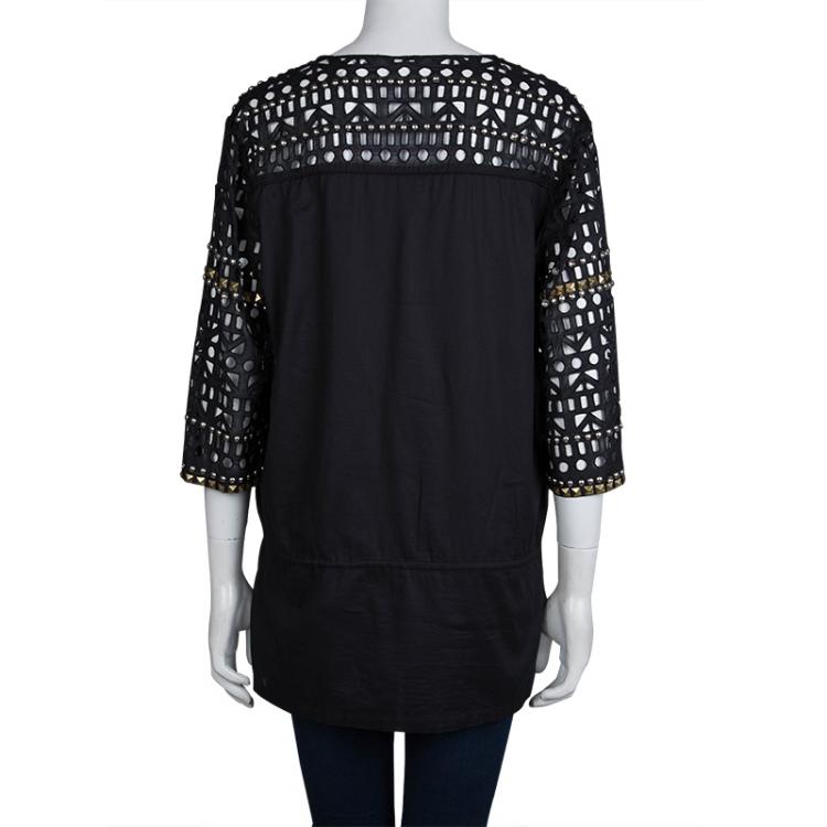 Pre Owned Tory Burch Black Cutwork Detail Studded Cotton Tunic L