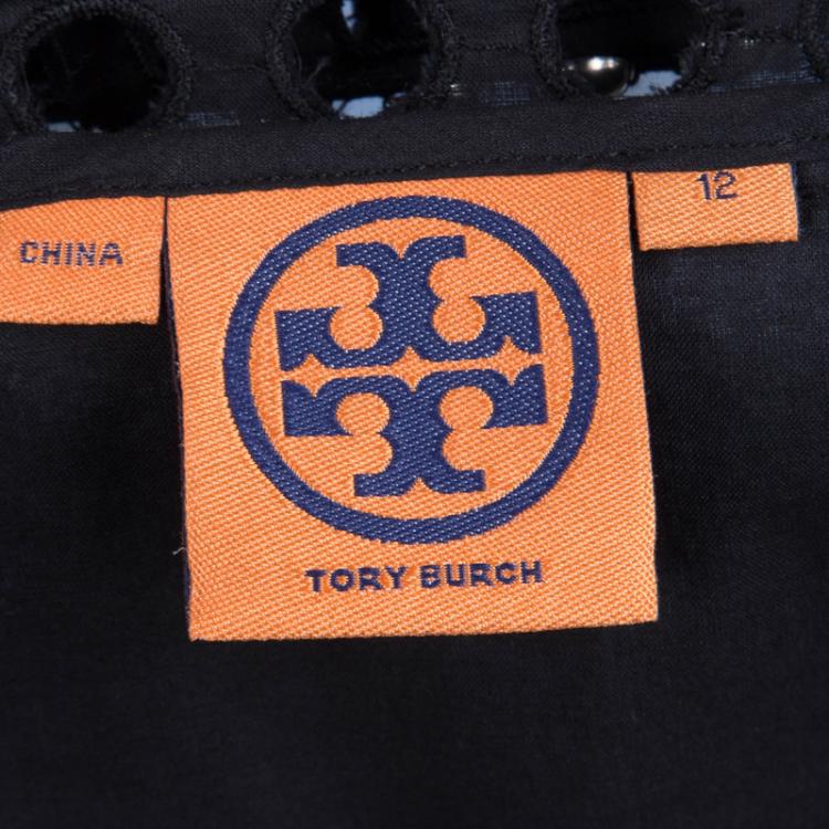 Pre Owned Tory Burch Black Cutwork Detail Studded Cotton Tunic L