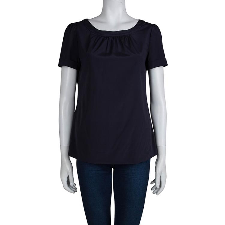 Pre Owned Tory Burch Navy Blue Short Sleeve Silk Blouse M
