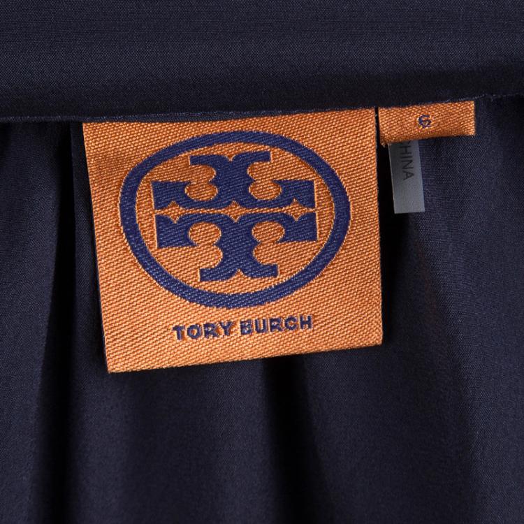 Pre Owned Tory Burch Navy Blue Short Sleeve Silk Blouse M