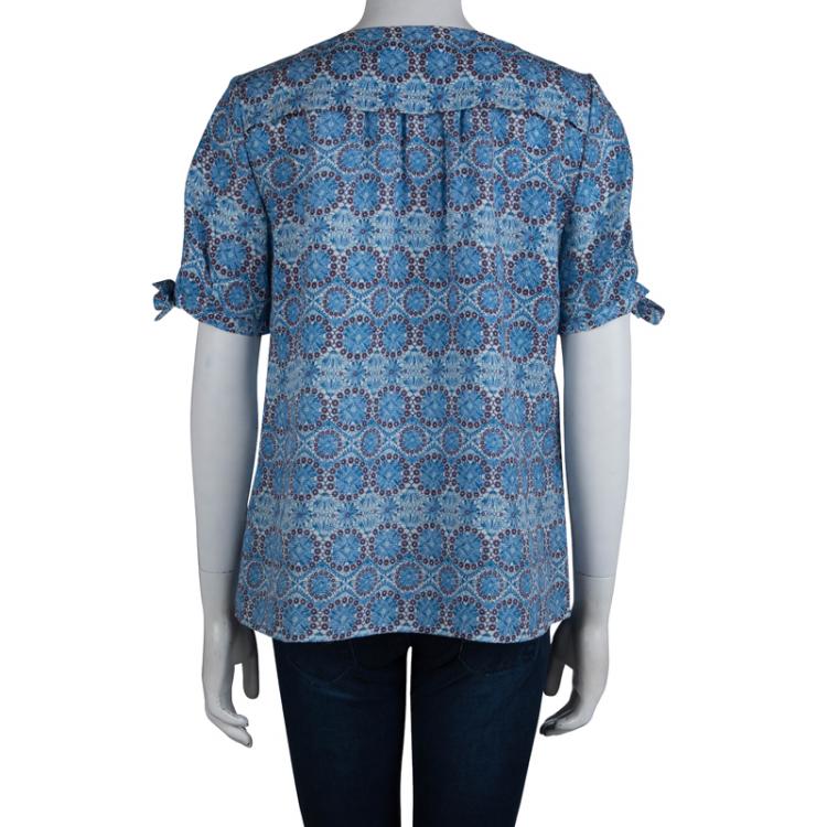 Pre Owned Tory Burch Blue Floral Printed Short Sleeve Blouse M