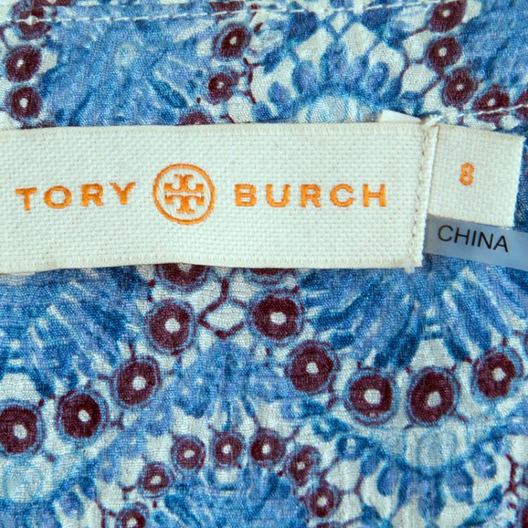 Pre Owned Tory Burch Blue Floral Printed Short Sleeve Blouse M