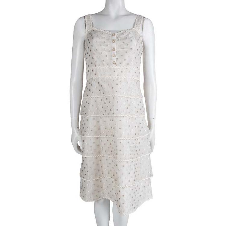 Pre Owned Tory Burch Cream Embroidered Sleeveless Tiered Dress S