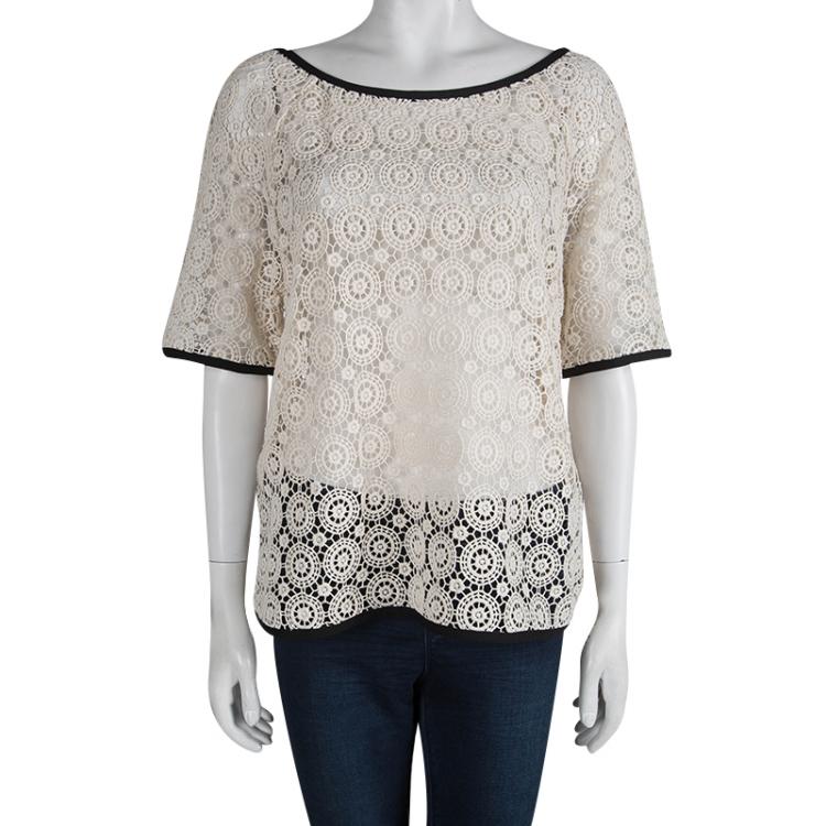 Pre Owned Tory Burch Cream Lace Short Sleeve Top XL
