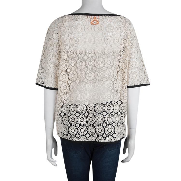 Pre Owned Tory Burch Cream Lace Short Sleeve Top XL