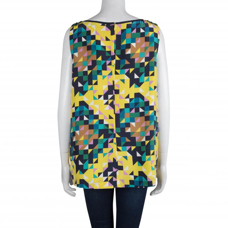 Pre Owned Tory Burch Multicolor Geometric Printed Silk Embellished Sleeveless Top XL