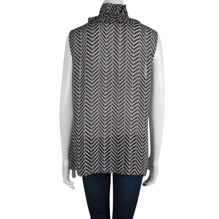 Pre Owned Tory Burch Brown Chevron Print Ruffle Detail Sleeveless Top XL