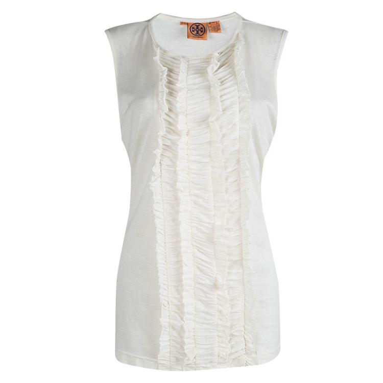 Pre Owned Tory Burch Off White Ruffle Front Detail Sleeveless Top XL