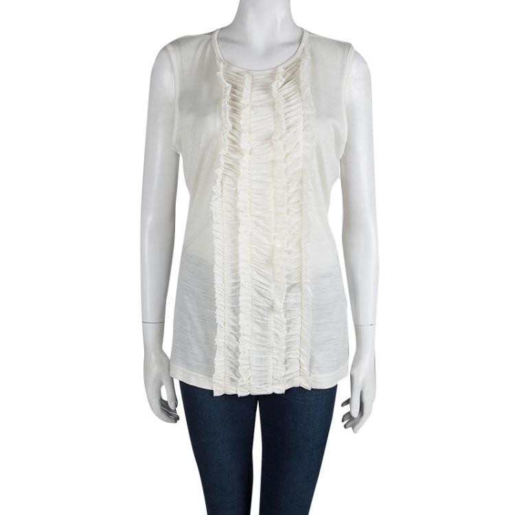 Pre Owned Tory Burch Off White Ruffle Front Detail Sleeveless Top XL