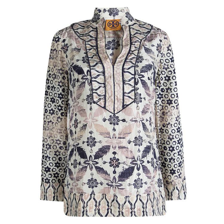 Pre Owned Tory Burch Multicolor Printed Silk Long Sleeve Top M
