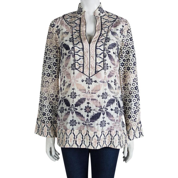 Pre Owned Tory Burch Multicolor Printed Silk Long Sleeve Top M