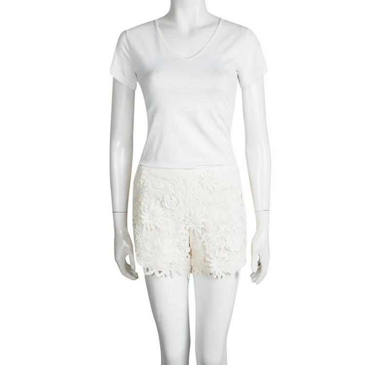 Pre Owned Tory Burch Cream Floral Embroidered Lace Shorts M