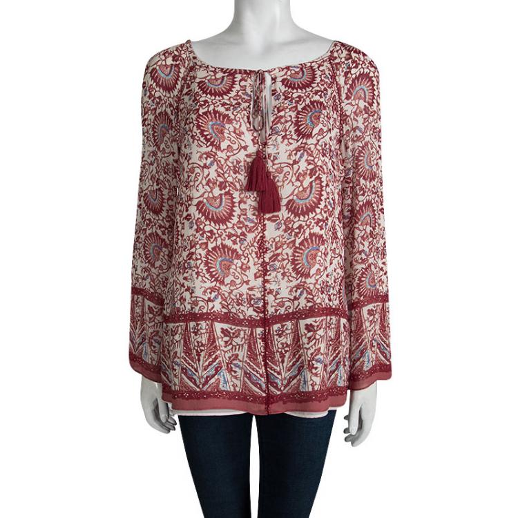 Pre Owned Tory Burch Red Floral Printed Silk Long Sleeve Top M