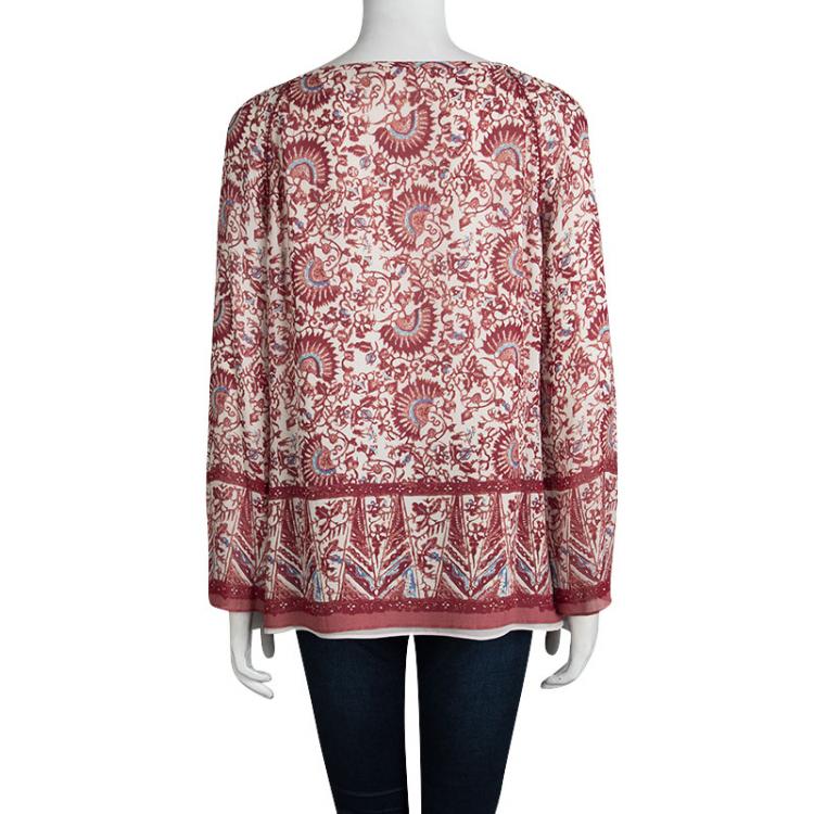 Pre Owned Tory Burch Red Floral Printed Silk Long Sleeve Top M