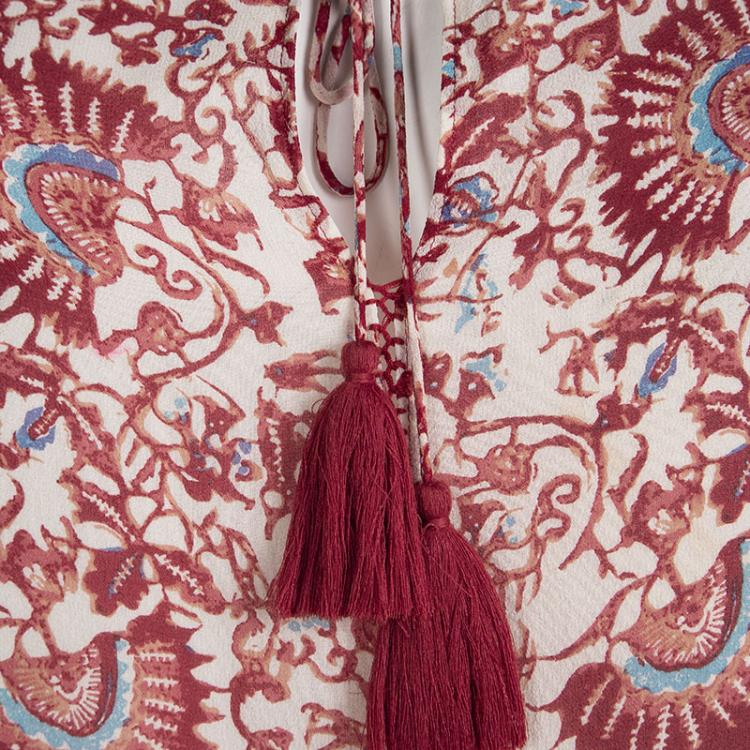 Pre Owned Tory Burch Red Floral Printed Silk Long Sleeve Top M