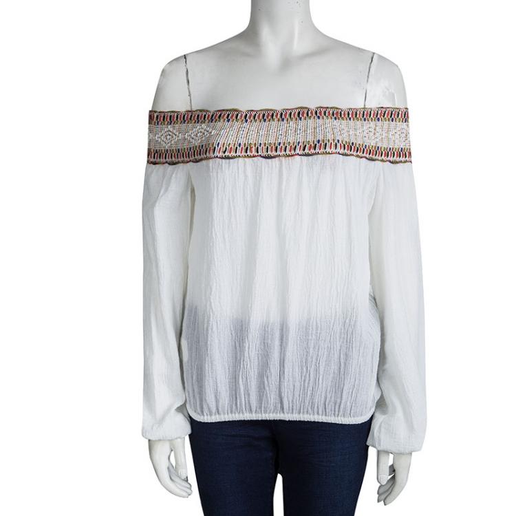 Pre Owned Tory Burch White Cotton Gauze Embroidered Off Shoulder Blouse XS