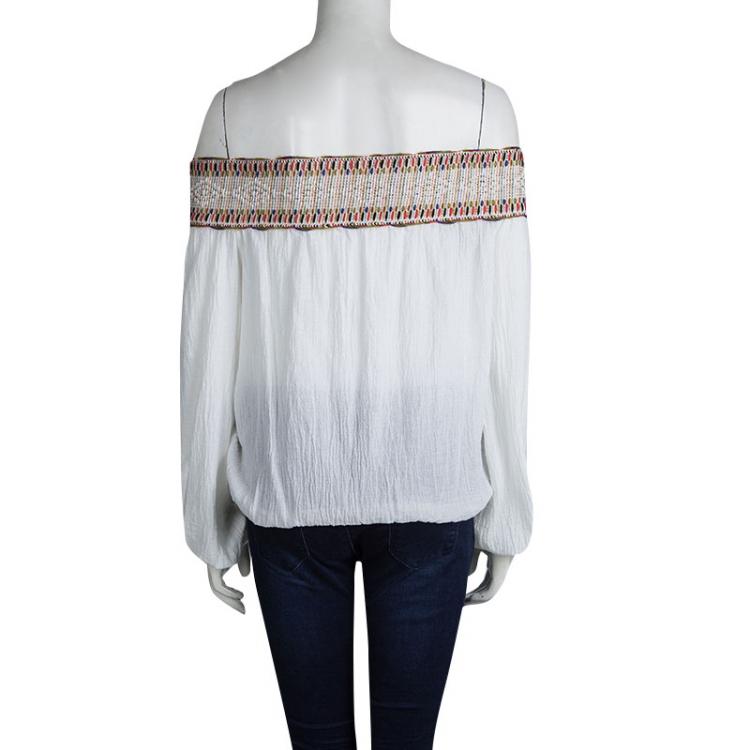 Pre Owned Tory Burch White Cotton Gauze Embroidered Off Shoulder Blouse XS