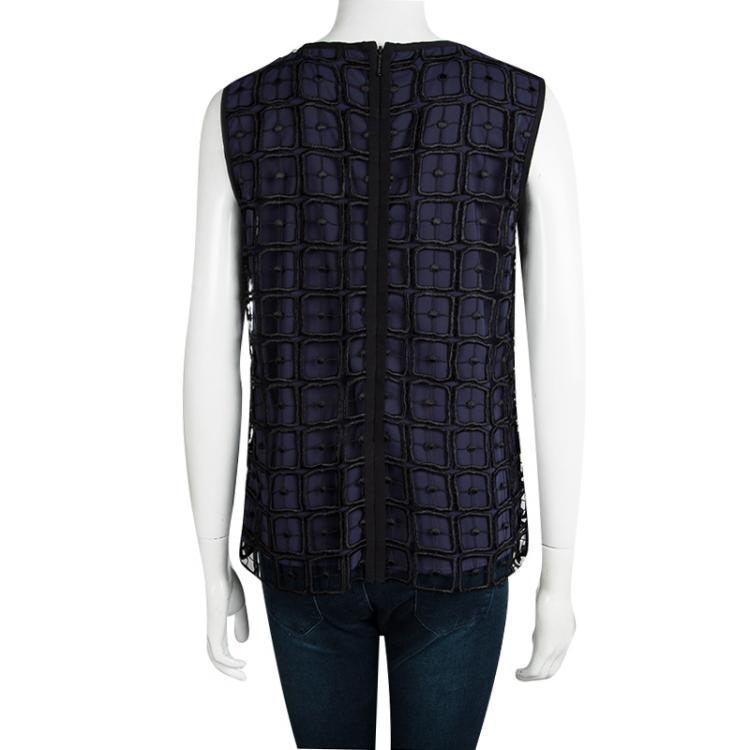 Pre Owned Tory Burch Navy Blue Silk Contrast Cutout Lace Overlay Sleeveless Top M