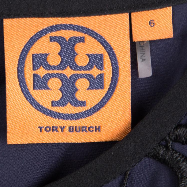 Pre Owned Tory Burch Navy Blue Silk Contrast Cutout Lace Overlay Sleeveless Top M