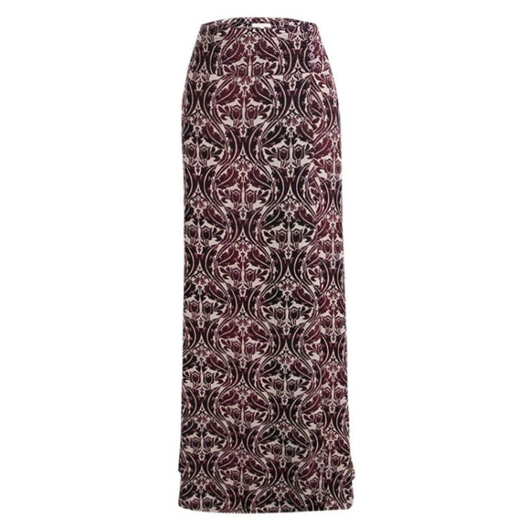 Pre Owned Tory Burch Burgundy Floral Printed Silk Maxi Skirt L