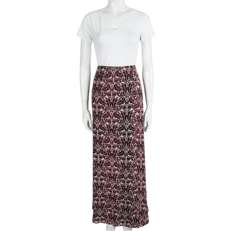 Pre Owned Tory Burch Burgundy Floral Printed Silk Maxi Skirt L
