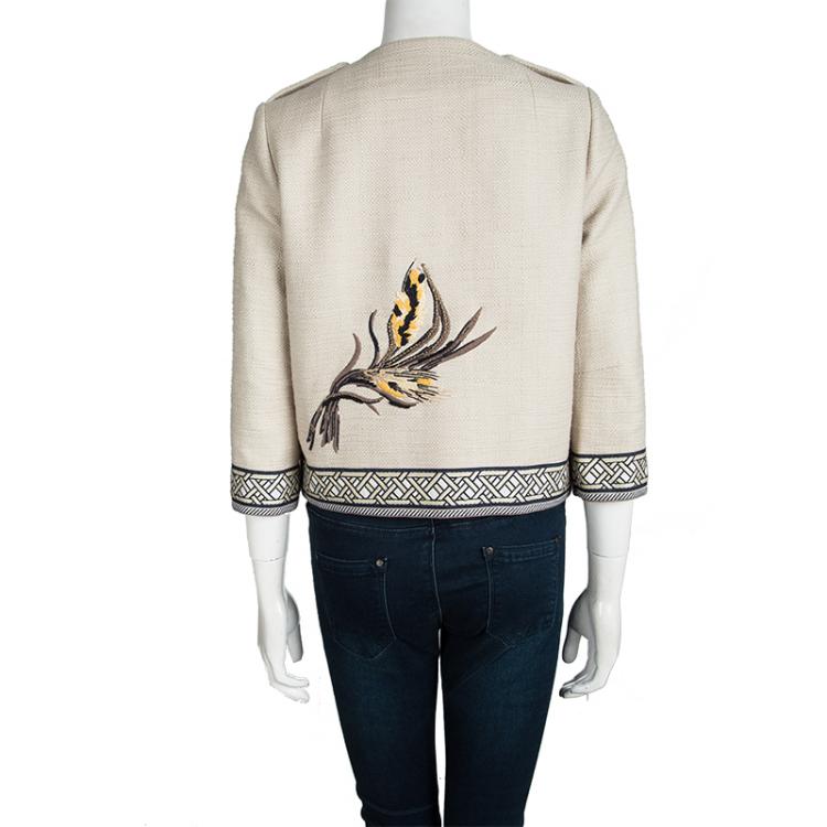 Pre Owned Tory Burch Textured Cream Embroidered Boucle Jacket S