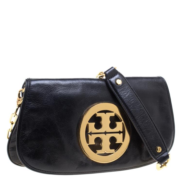 Pre Owned Tory Burch Black Leather Reva Logo Crossbody Bag