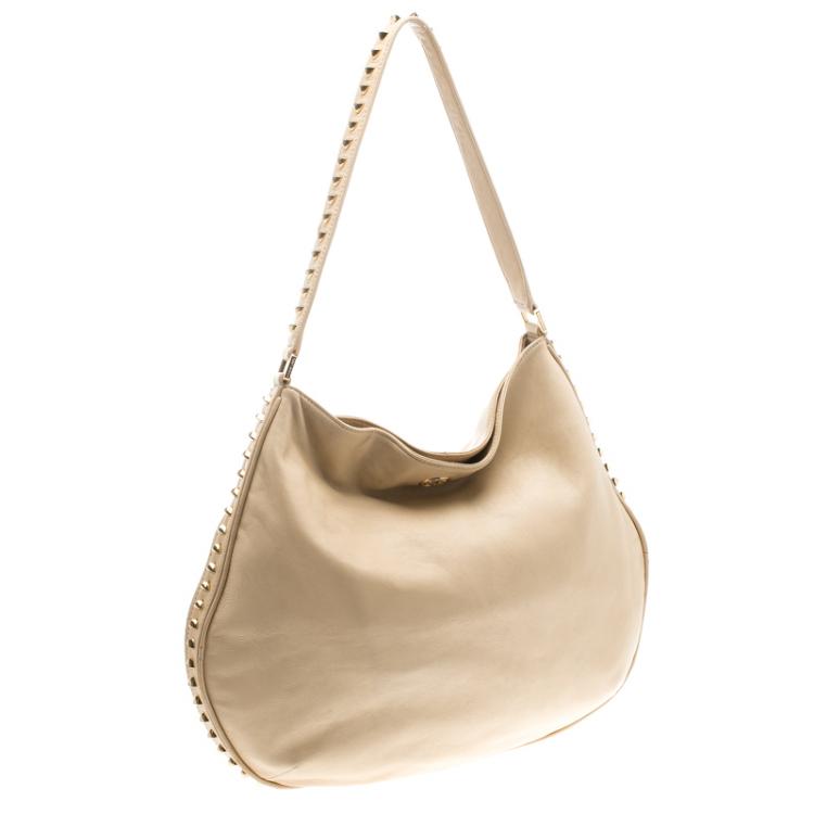 Pre Owned Tory Burch Light Beige Leather Pyramid Studs Hobo