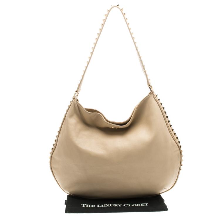 Pre Owned Tory Burch Light Beige Leather Pyramid Studs Hobo