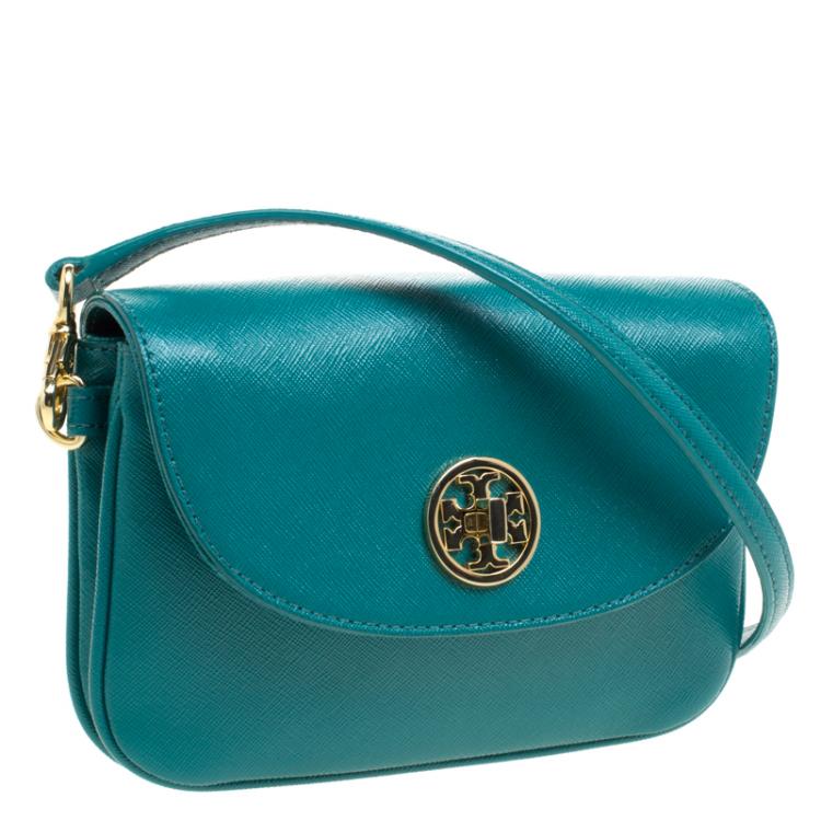 Pre Owned Tory Burch Turquoise Leather Double Gusset Crossbody Flap Bag