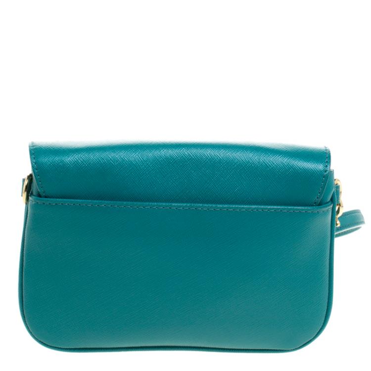 Pre Owned Tory Burch Turquoise Leather Double Gusset Crossbody Flap Bag