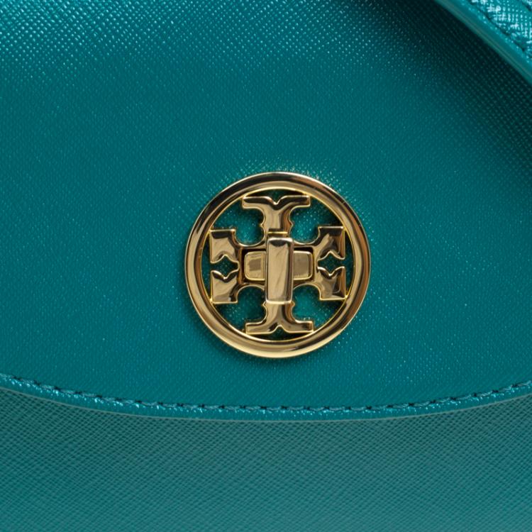 Pre Owned Tory Burch Turquoise Leather Double Gusset Crossbody Flap Bag