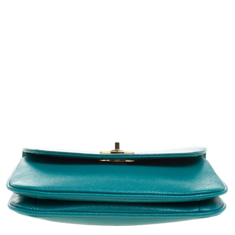 Pre Owned Tory Burch Turquoise Leather Double Gusset Crossbody Flap Bag