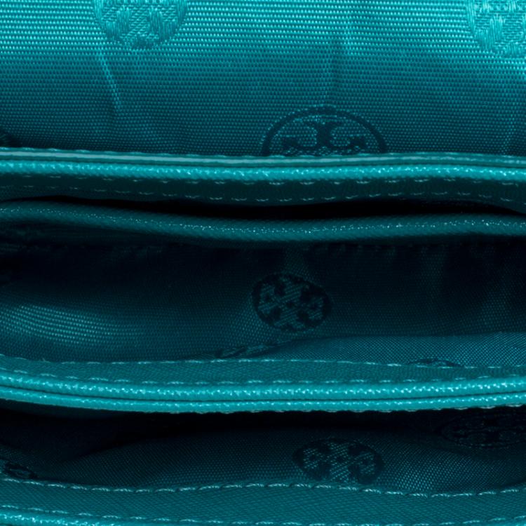 Pre Owned Tory Burch Turquoise Leather Double Gusset Crossbody Flap Bag