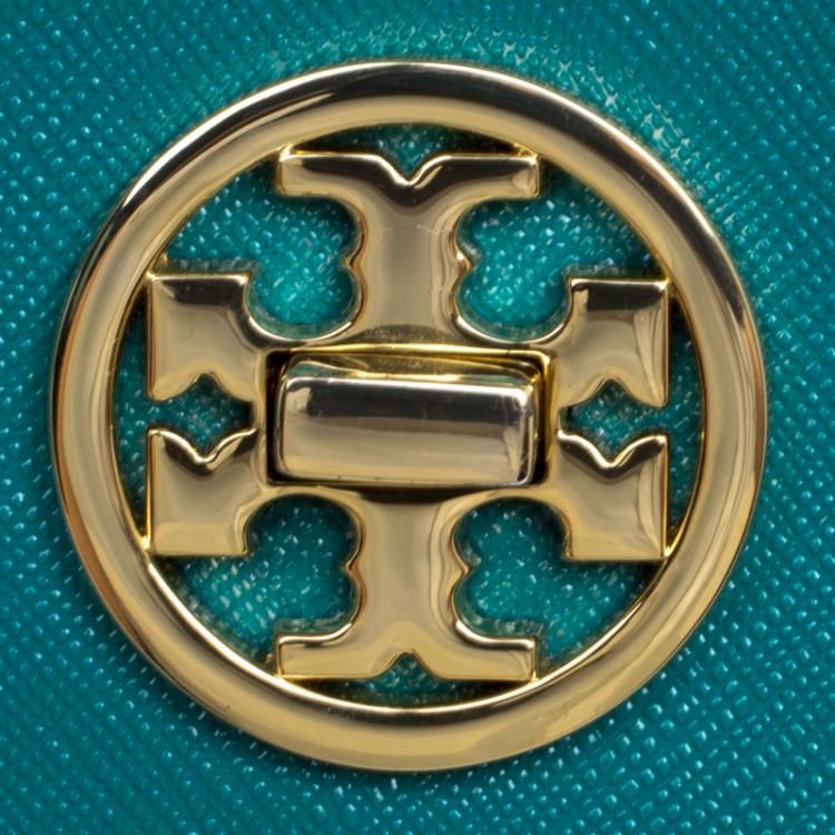 Pre Owned Tory Burch Turquoise Leather Double Gusset Crossbody Flap Bag