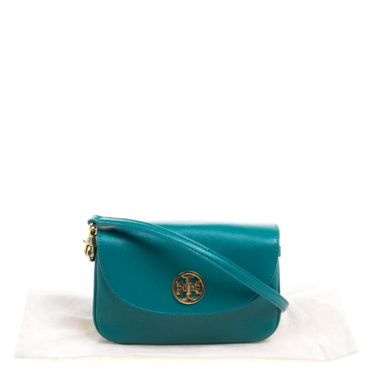 Pre Owned Tory Burch Turquoise Leather Double Gusset Crossbody Flap Bag