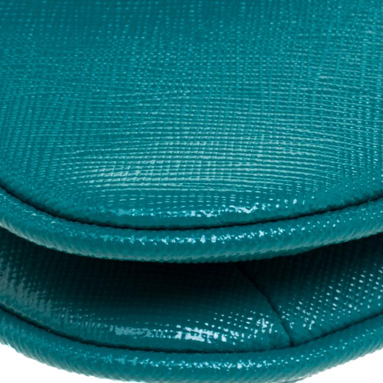 Pre Owned Tory Burch Turquoise Leather Double Gusset Crossbody Flap Bag