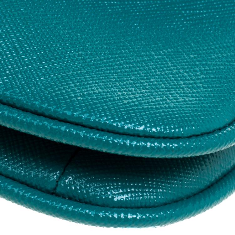 Pre Owned Tory Burch Turquoise Leather Double Gusset Crossbody Flap Bag