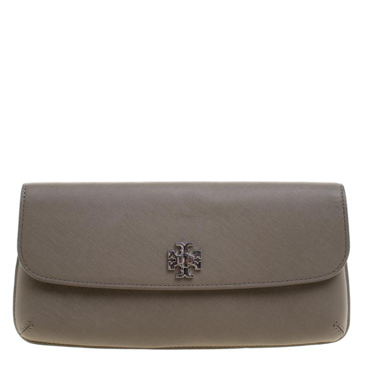 Pre Owned Tory Burch Fatigue Green Leather Slim Diana Flap Clutch 