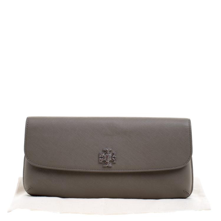 Pre Owned Tory Burch Fatigue Green Leather Slim Diana Flap Clutch 