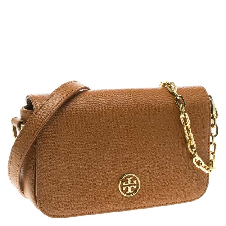 Pre Owned Tory Burch Brown Leather Mini Robinson Chain Shoulder Bag