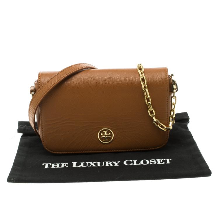 Pre Owned Tory Burch Brown Leather Mini Robinson Chain Shoulder Bag
