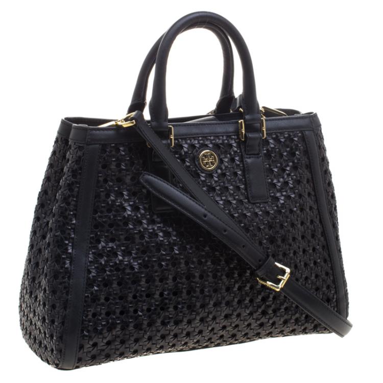 Pre Owned Tory Burch Black Woven Leather Robinson Tote