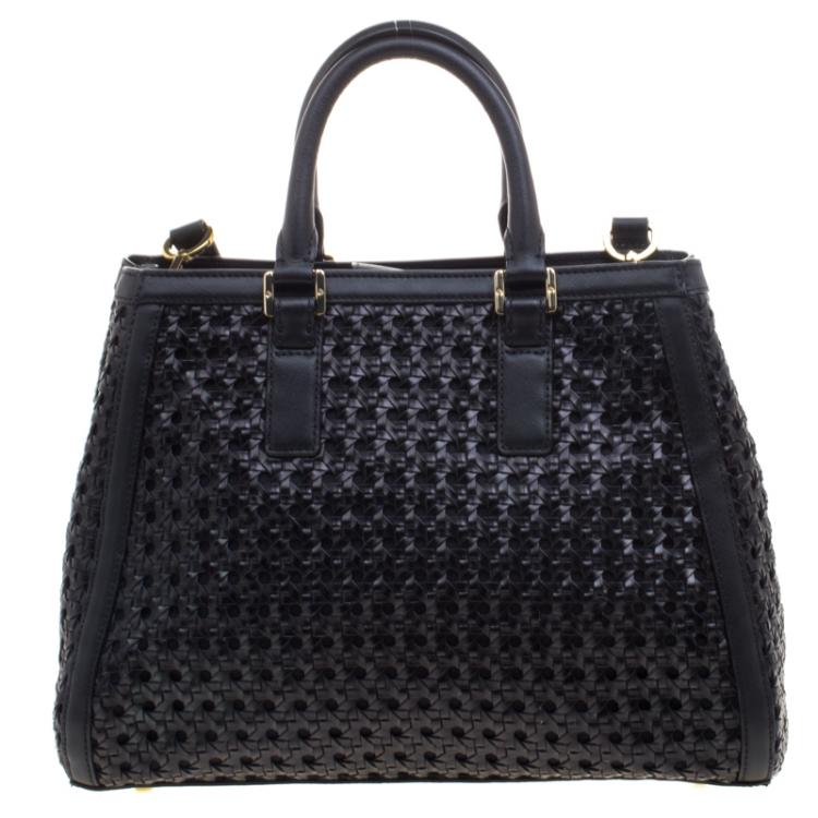 Pre Owned Tory Burch Black Woven Leather Robinson Tote