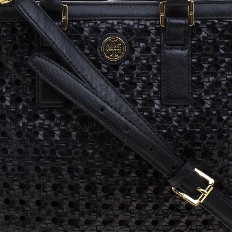 Pre Owned Tory Burch Black Woven Leather Robinson Tote
