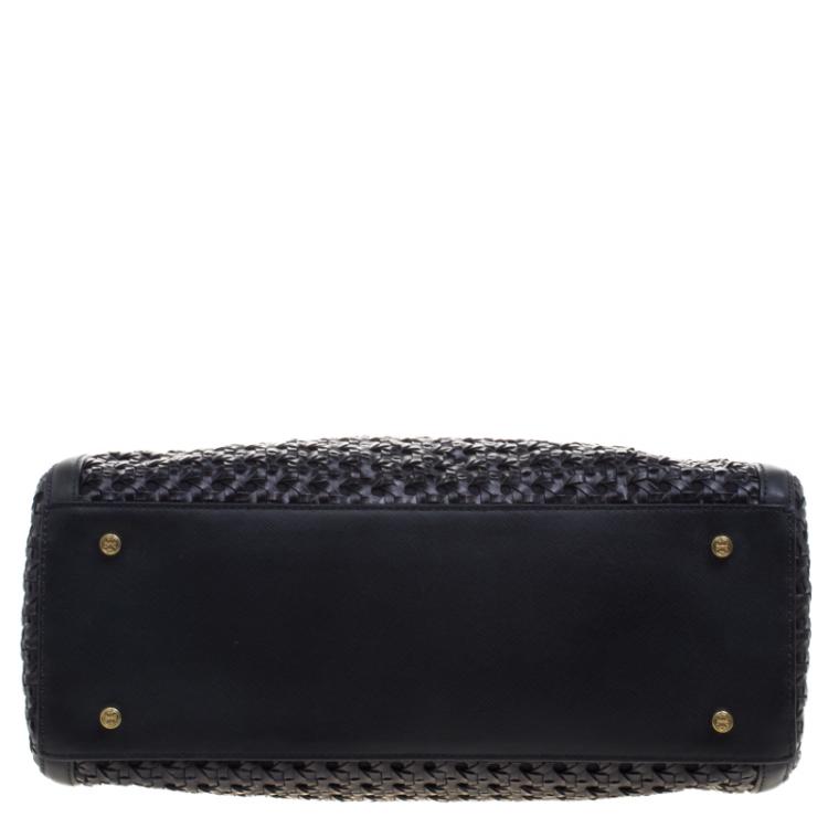 Pre Owned Tory Burch Black Woven Leather Robinson Tote