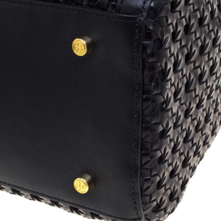 Pre Owned Tory Burch Black Woven Leather Robinson Tote