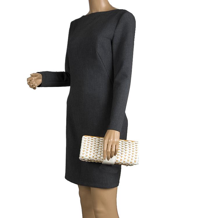 Pre Owned Tory Burch White/Brown Woven Patent Leather and Rattan Whicker Clutch