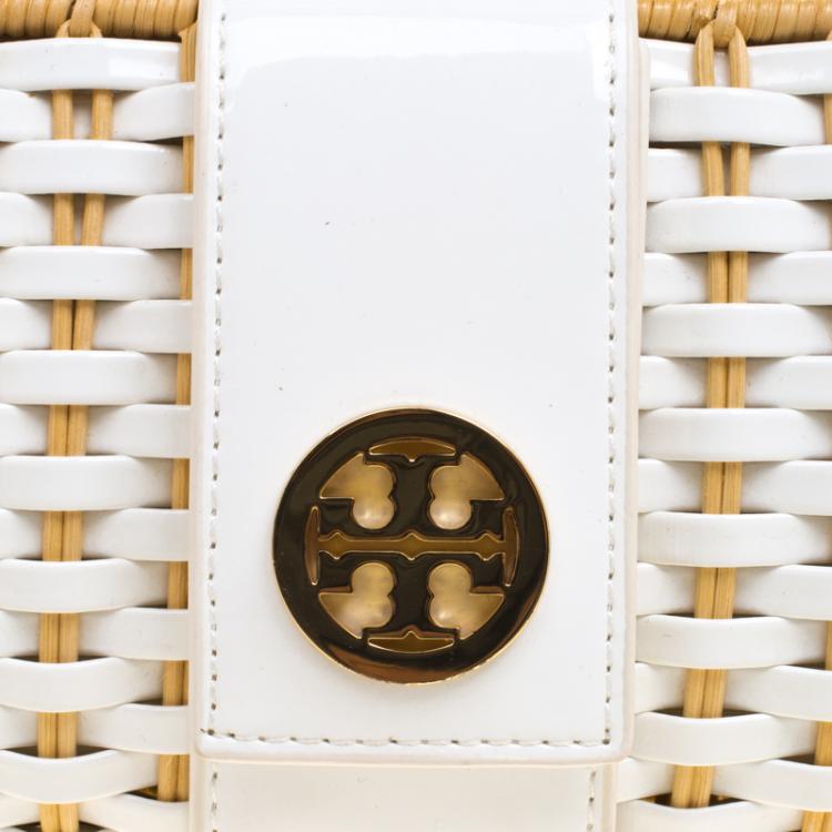 Pre Owned Tory Burch White/Brown Woven Patent Leather and Rattan Whicker Clutch